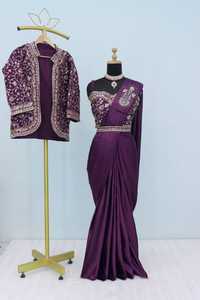 Exclusive and Trendy <strong>Heavy</strong> Satin <strong>Silk</strong> <strong>Fabric</strong> Saree With Fancy Thread and Sequence Work Moti Lace Blouse Indian Designer Sari - Product Image 2