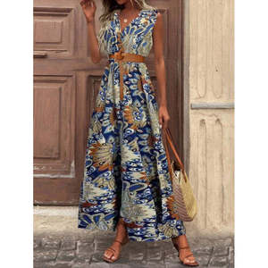 Vestido Maxi Estampado con Tirantes y Cuello Cruzado para Mujer de Jane's, Estilo Casual sin Mangas para Verano, Diseño sin Cinturón para Uso Diario - Product Image 4