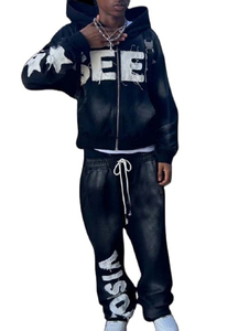 Survêtement de style évasé pour femmes lavé à l'acide de haute qualité sérigraphie personnalisée 2 pièces ensemble de survêtement avec sweats à capuche et sweat-shirts - Product Image 6