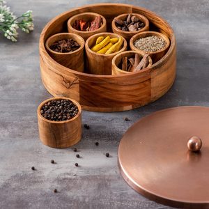 Boîte Masala en bois pour cuisine Masala Dabba pots à épices boîte de rangement avec couvercle en métal et cuillère pour épices de cuisine - Product Image 4