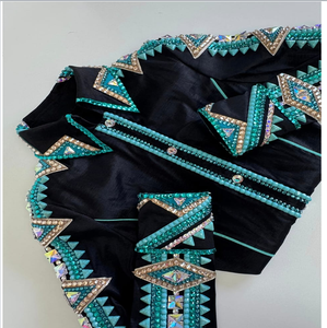 Camisa de espectáculo occidental con cremallera oculta de estilo retro en negro turquesa tostado verde azulado con detalles de piedra en los puños del brazo del cuello y la tira delantera - Product Image 1