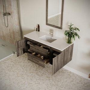 Modern Wall-mounted Wooden <b>Bathroom</b> <b>Vanity</b> with Integrated Sink Drawers and Cabinets Part of <b>Bathroom</b> Furniture - Product Image 3