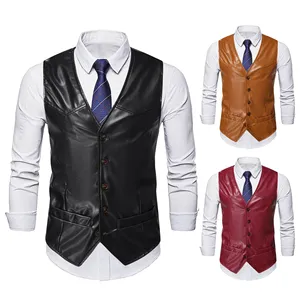 Men's New Vintage Leather Vest Solid Color Slim Fit PU Leather Sleeveless Coat Motorcycle Single breasted Casual Leather Vest