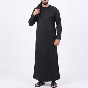 Classic Arabic <b>Thobe</b> <b>for</b> <b>Men</b> Long Sleeve Ankle Length Lightweight Breathable Cotton with Round Crew Neck and Button Front Design - Product Image 1