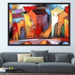 Arte impreso en lienzo: paisaje urbano vibrante en estilo vitral, lienzo con marco negro - Product Image 1