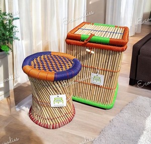 Pouf de tabouret de Mudda de canne en bambou de rotin nouvellement conçu avec la Console de incrustation d'os de panier de canne en bambou de stockage - Product Image 2