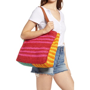 Borsa Tote da Donna Artigianale in Rattan con Finitura a Righe Blu e Fodera in Cotone e Poliestere per Tutte le Stagioni - Product Image 2