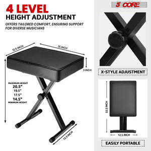 5 Core Keyboard Bench 3 Inch Padded Piano <b>Stool</b> Adjustable 20.5 Guitar Seat Heavy Duty <b>Portable</b> - Product Image 2