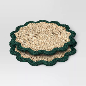 Napperon à bord ondulé à bordure verte, tapis de table tissé en jacinthe d'eau fait à la main, décoration de table à manger bohème rustique pour la décoration intérieure - Product Image 1