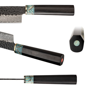 Venta al por mayor, pedidos a granel personalizados, servicio OEM y ODM, cuchillo de Chef de hoja de Damasco profesional, cuchillo japonés negro con mango de madera azul - Product Image 4