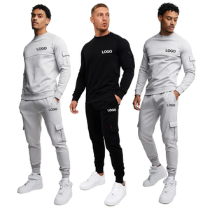 Ensemble de survêtement unisexe à capuche avec poche cargo, logo brodé, sweat-shirt et pantalon de jogging, tenue décontractée de sport, gris clair, noir - Product Image 2