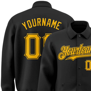 Veste de baseball universitaire personnalisée pour homme, noire et jaune, col montant, style bomber, broderie de nom et de numéro, bouton, vêtement d'extérieur - Product Image 3