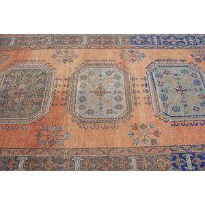 Alfombra Turca Vintage de 4.7x12.4 pies, Alfombra de Pasillo, Alfombra de Lana a Rayas Azules y Naranjas - Product Image 4