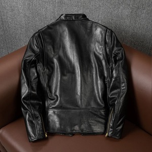 Veste de motard noire pour homme de haute qualité, sur mesure, taille plus, coupe slim, en cuir de cheval véritable avec tissu en toile - Product Image 3