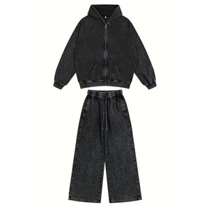 Streetwear blanc délavé à l'acide survêtements Top qualité tissu lourd hommes Vintage lavage fermeture éclair à capuche étiquette de marque personnalisée - Product Image 5