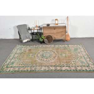 Alfombra turca Vintage de 6 'X 9 ', tejido plano de lana verde y beige con patrón de retazos, alfombra para sala de estar con respaldo de látex - Product Image 1