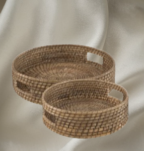 Bandeja redonda LOMBOK de ratán de alta calidad hecha a mano, 2 juegos, gris natural, elegante, duradera para muebles para el hogar - Product Image 3