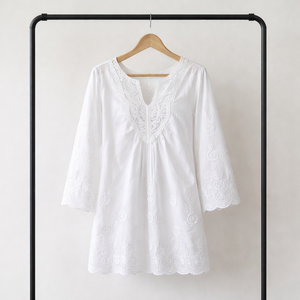 <b>White</b> <b>Embroidered</b> Pure Cotton Ladies Top Kaftan Tunic - Product Image 2