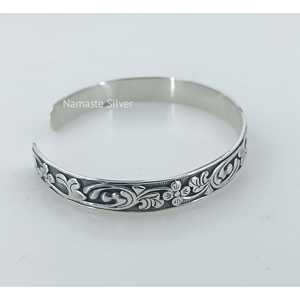 925 Sterling <b>Silver</b> Open <b>Cuff</b> Floral Tennis <b>Bracelet</b> Handmade Adjustable Bangle for Birthday Anniversary Valentine's Day - Product Image 5