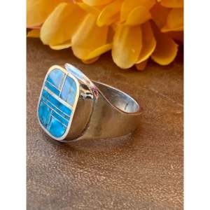 Navajo-Made Men's Inlay Ring with Kingman Turquoise & Sterling <b>Silver</b> Cultural Collectible Jewelry Size 13.75 - Product Image 4
