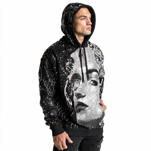 Men's Winter Pullover Hoodie with Rhinestone Solid Pattern Loose Fit Front Digital Printing Jogger Rhinestone Hood Top Men - Product Image 2