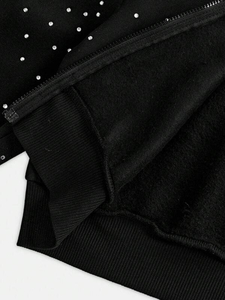 Women's <b>Black</b> Rhinestone <b>Zip</b> Up <b>Hoodie</b> 100% Cotton 420GSM Heavyweight Custom Logo Streetwear Cropped Winter Fashion Jacket - Product Image 3