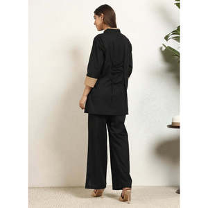 DEEBACO Conjunto de 2 piezas casual de algodón negro liso para mujer: Kurta con cuello mandarín y pantalón con abertura hasta el tobillo, ideal para el verano. - Product Image 4