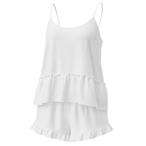 Women's <b>Thermal</b> Satin Sleepwear Fashion Ribbed Knit Ruffle Hem Camisole Shorts <b>Pajama</b> Set Soft Homewear Lounge Set Wholesale - Product Image 1