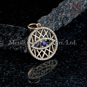 Pendentif œil en or jaune 14 carats avec saphir bleu et diamant naturel, bijoux fins faits à la main, vente en gros - Product Image 3