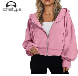 Onstyle Sports ladies fashionable <b>zip</b> <b>up</b> <b>cropped</b> hoodie soft fabric long sleeve hooded sweatshirt casual streetwear - Product Image 3