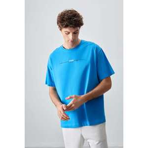 T-shirt pour homme 100% coton bleu pétrole, épais, doux, texturé, coupe ample avec motif imprimé - 88357, fabriqué en tissu jersey - Product Image 6