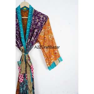 100% Silk V-neck Full-Length Three-Quarter Sleeve Patchwork Casual Luxury <b>Robe</b> with Drawstring Closure for All Seasons - Product Image 3