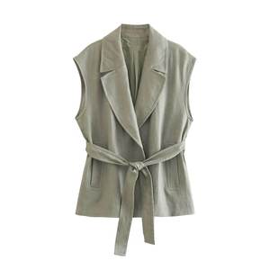 Débardeur décontracté pour femme, style rétro, en polyester tissé, avec ceinture, col en V, sans manches, logo sur le devant - Product Image 6