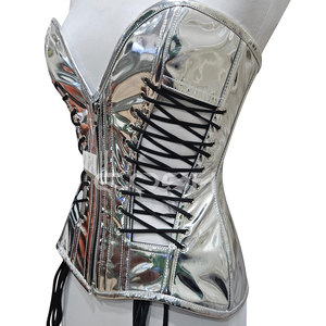 Corset en PVC argenté métallisé à décolleté profond avec fermeture éclair avant et laçage latéral |   Corset de fétichisme en vinyle brillant pour le modelage de la taille - Product Image 4