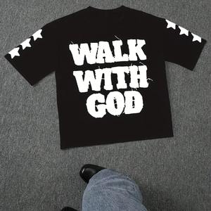 2025 Summer New Men's Black <b>Walking</b> with God Pattern T-<b>Shirt</b> Casual Short Sleeve White Letter Printing Starry Sky Design - Product Image 6