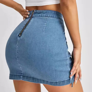 Jupes en jean bleu délavé tendance été, taille haute, mini jupe plissée en denim pour femmes, très demandée - Product Image 3
