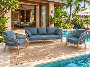 Conjunto de sofá de ratán tropical para exteriores con cojines azules para jardín, patio o villa, muebles de mimbre de PE impermeables. - Product Image 2