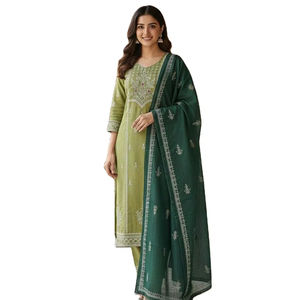 Ensemble Salwar / Kurti 3 pièces en tissu pur coton Pista Color, avec de magnifiques broderies et bordure droite, idéal pour les fêtes et les occasions spéciales. - Product Image 1