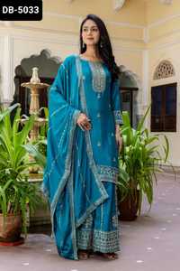 Vêtements ethniques indiens fantaisie Chinon matériel Salwar Kameez costume avec broderie séquence conception travail avec travail lourd Dupatta ensemble - Product Image 2
