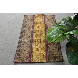 พรม1.8x3.5ft สไตล์ตุรกีวินเทจแบบคลาสสิกพื้นที่ขนาดใหญ่18x35in สีเหลืองน้ำตาลเย็บปะติดปะต่อกันผ้าขนสัตว์ยางรองสี่เหลี่ยมพรมห้องโถงห้อง - Product Image 1