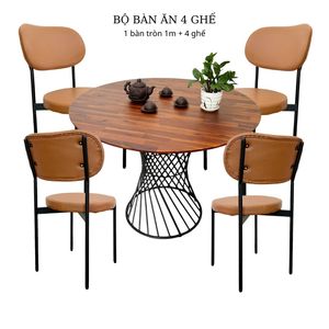 CBBA110 Modern 1m <b>Round</b> <b>Dining</b> <b>Table</b> with <b>4</b> Leather Chairs MDF Wood Style Home Furniture <b>for</b> Living Room Bedroom or Bathroom - Product Image 1