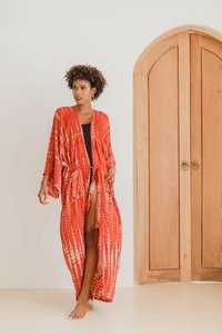 Trendy 100% Rayon Tie Dye Kimono Wrap para mujeres Vacaciones de verano Playa Cubrir con cinturón Patrón tejido Tamaño libre-¡Pida ahora! - Product Image 4