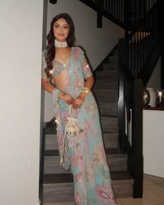 Sari de Georgette de Moda con Blusa Mono Pesada para Mujer, Ropa Tradicional India para Fiestas, Precio al por Mayor de Proveedor Indio - Product Image 2