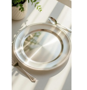 Assiette de service en acier inoxydable plaqué argent avec bordure perlée de luxe, vente en gros, 13 pouces, assiette décorative pour mariage, sous-assiette en métal - Product Image 1