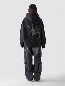 Unisex Basics 100% Jersey de algodón Oversized Streetwear Hoodie Minimal Front Design Black Spider Graphic Back Hooded bordado - Product Image 3