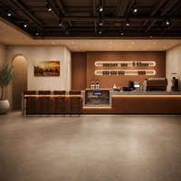 Mostrador de Bar Estilo Árabe para Cafetería con Acabado Caramelo Acanalado y Estante con Cápsulas LED, Juego Completo de Muebles para Cafetería