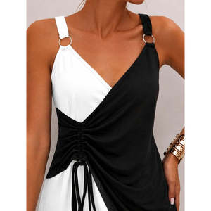 Blusa de viscosa bicolor con tiras y cuello cruzado con lazo lateral para mujer, 37601 - Negro - Product Image 4