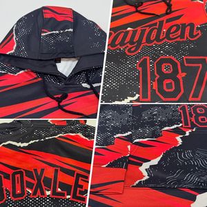 Sudadera con capucha de lana de poliéster 100% para hombre, diseño ilustrado en rojo y negro con sublimación de tinte completo, sudaderas de invierno con letras rojas - Product Image 5