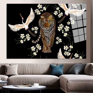 Elegante obra de arte impresa en lienzo: Majestuoso tigre y grullas en decoración japonesa, arte en vidrio templado - Product Image 1