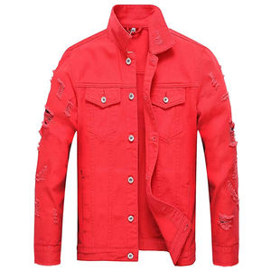 Vestes en jean de marque personnalisées pour hommes Vêtements d'extérieur en jean rouge vieilli OEM Commande en gros Veste d'approvisionnement d'usine pour homme - Product Image 1